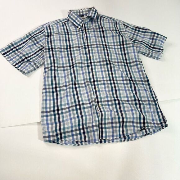 Barbour Shirt Mens Large Blue Gingham Print Short-Sleeve Regular Fit Button-Down - Picture 1 of 8